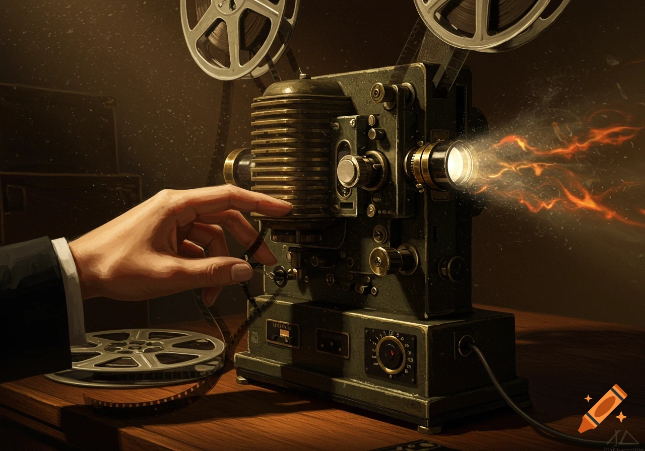 A hand adjusts a vintage film projector, with light and fiery energy emitting from its lens.