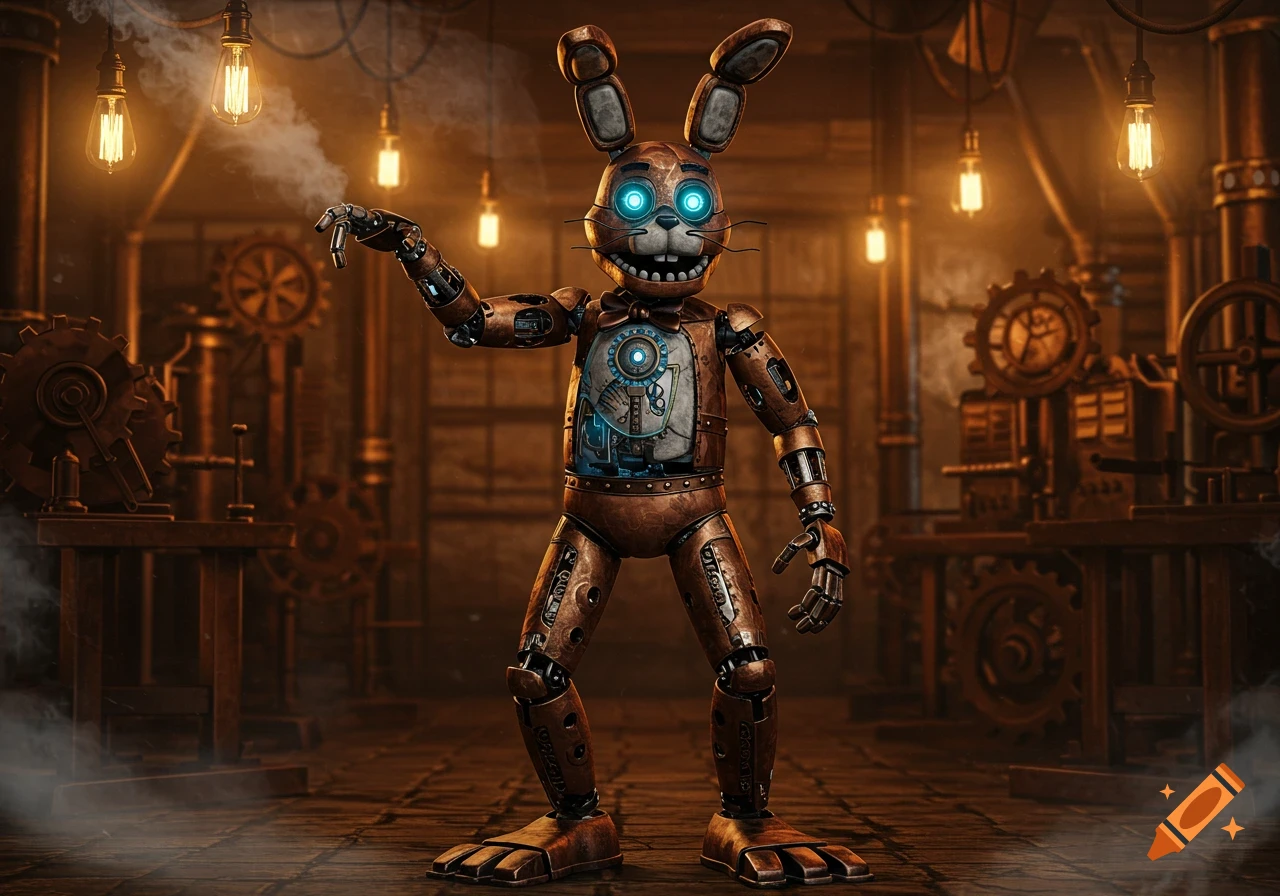 A detailed steampunk rabbit animatronic with glowing eyes stands in a smoky industrial workshop.