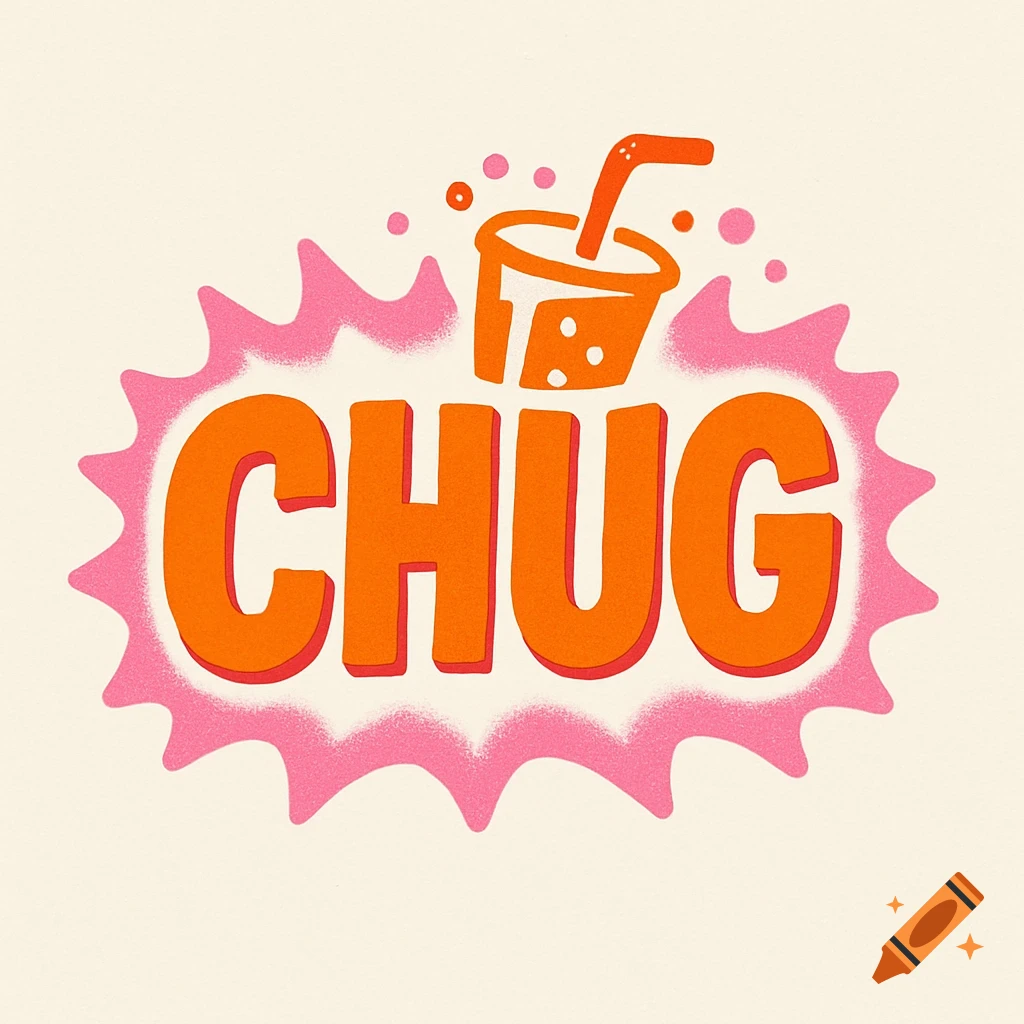 A vibrant orange CHUG text logo with a pink spiky border and a stylized soda cup above it.