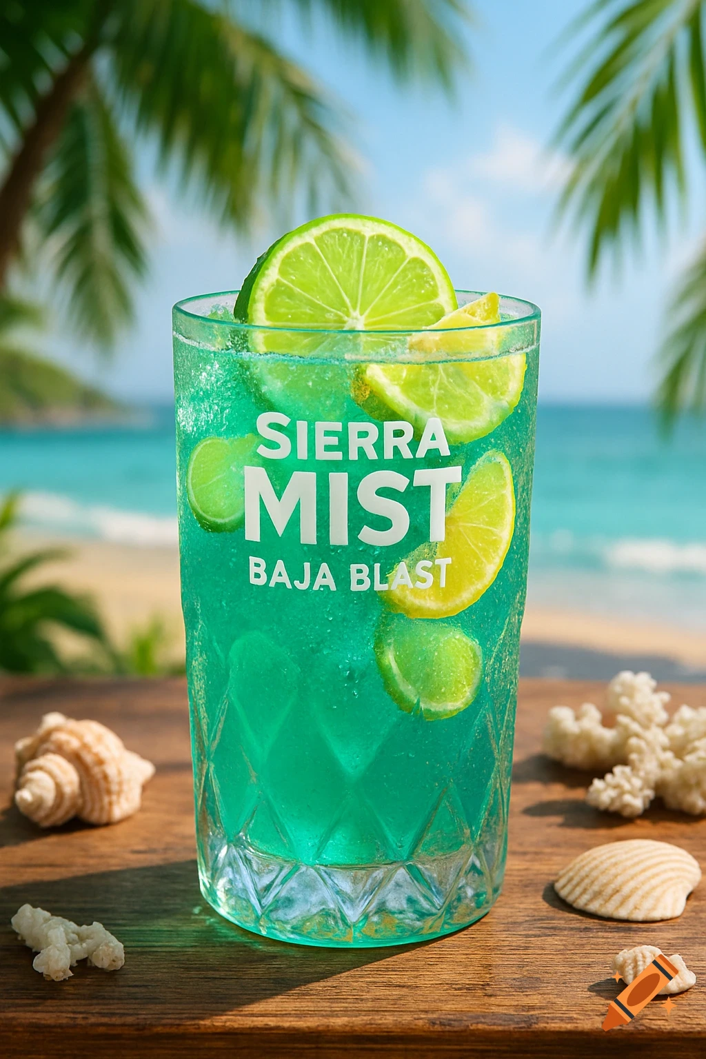 A glass of bright teal Sierra Mist Baja Blast soda with lime slices, ice, and bubbles, on a wooden surface with seashells and coral, overlooking a sunny tropical beach.