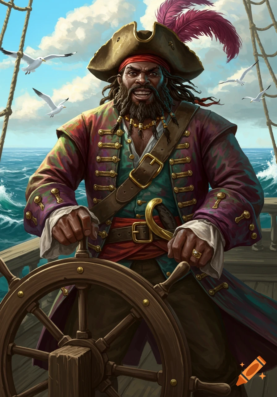An illustrated black pirate steers a ship's wheel on a vibrant blue sea under a sky with seagulls.