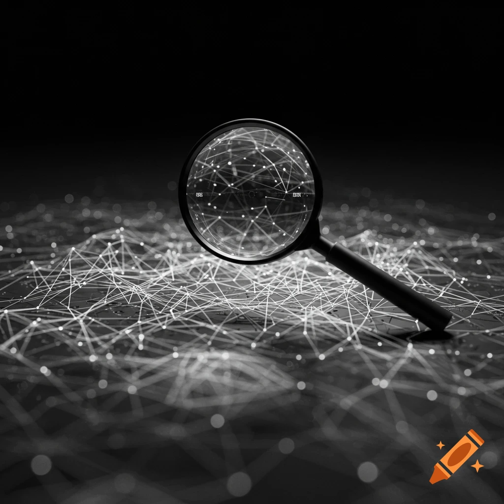 Monochrome image of a magnifying glass over a glowing abstract network of data points, suggesting analysis.
