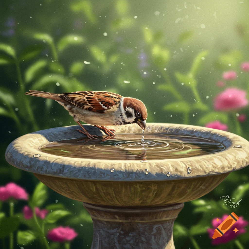 A small brown bird drinks water from a stone birdbath in a sunny garden with pink flowers.