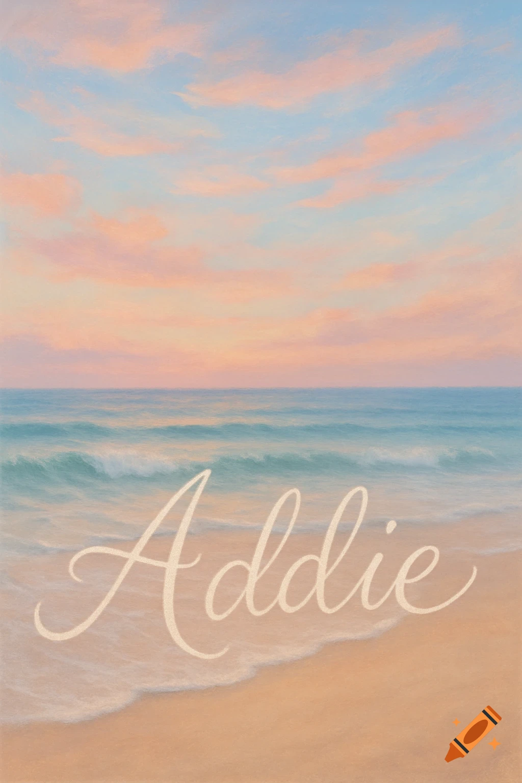 Pastel painting of a beach at sunset with waves on the sand and the name Addie in cursive.