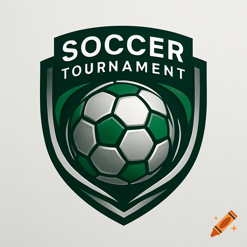 A modern green shield logo for a soccer tournament, featuring a white and green soccer ball and the words 'SOCCER TOURNAMENT'.