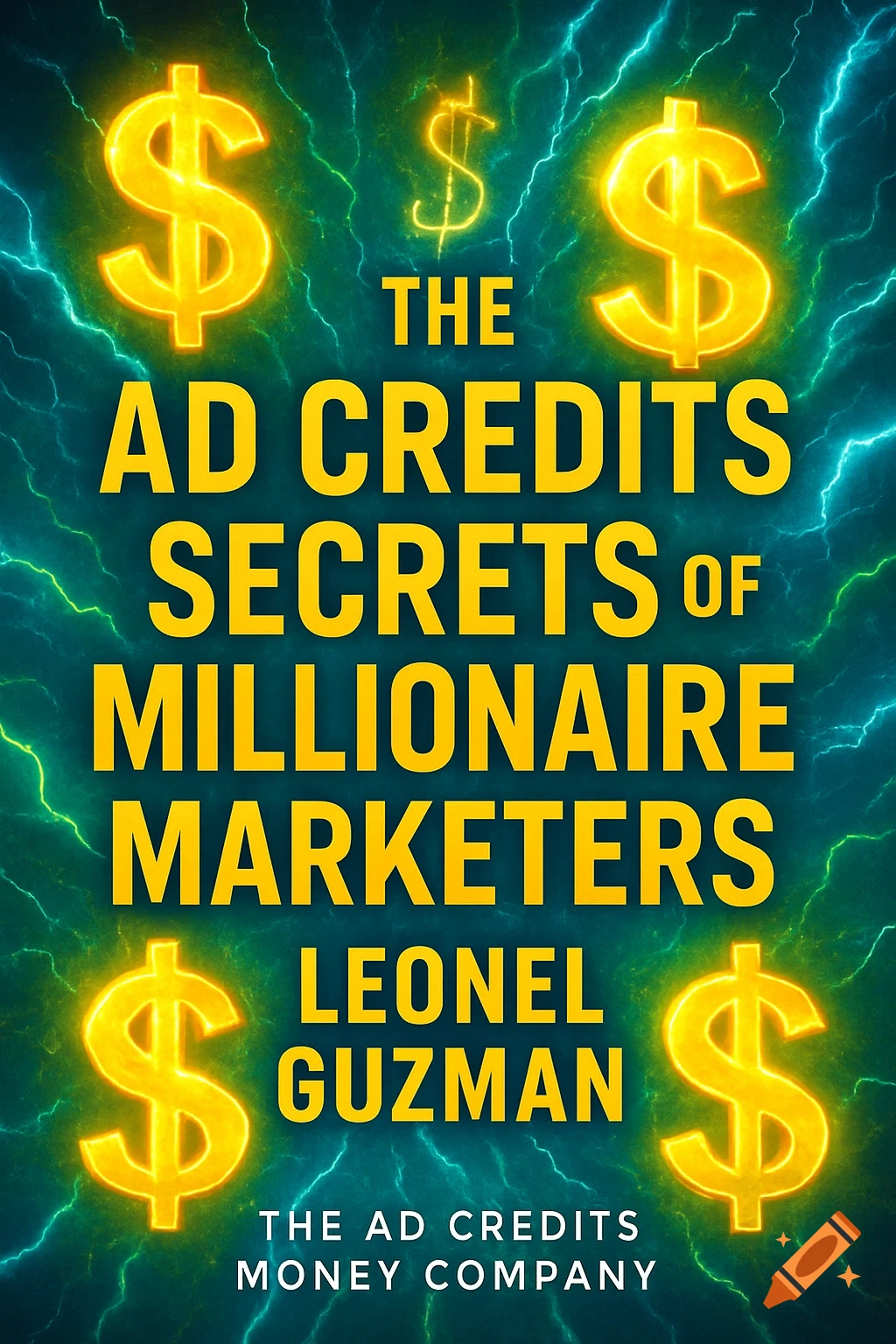 A glowing book cover titled 'The Ad Credits Secrets of Millionaire Marketers' by Leonel Guzman, with golden dollar signs and electric blue lightning.