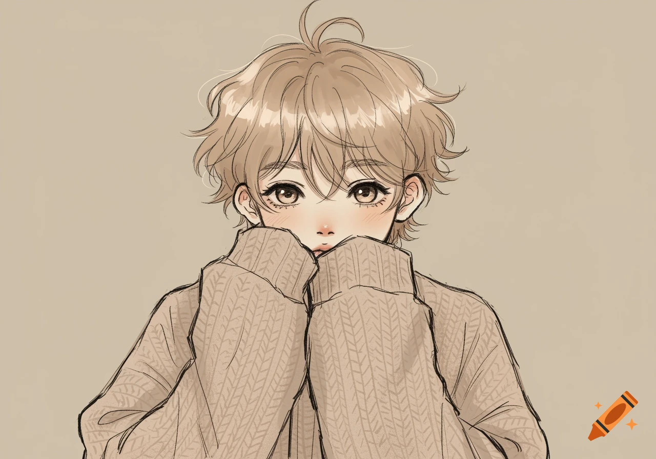 Anime-style boy with messy light blonde hair in an oversized beige cable-knit sweater, shyly looking at camera on a tan background, sketch art style.