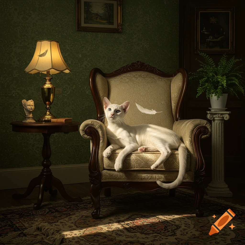 A slender white cat with blue eyes reclines on an ornate armchair in a classic, dimly lit room with a floating feather.