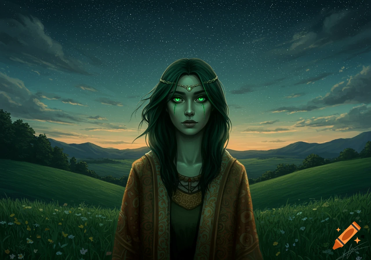 A dark-haired woman with green skin and glowing green eyes stands in a field under a starry twilight sky.