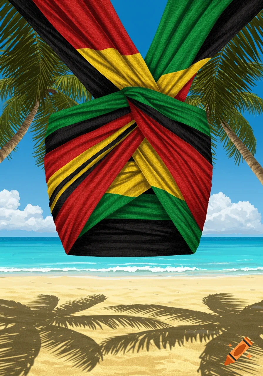 A stylized wrap with red, green, black, and yellow fabric on a tropical beach with palm trees and ocean.