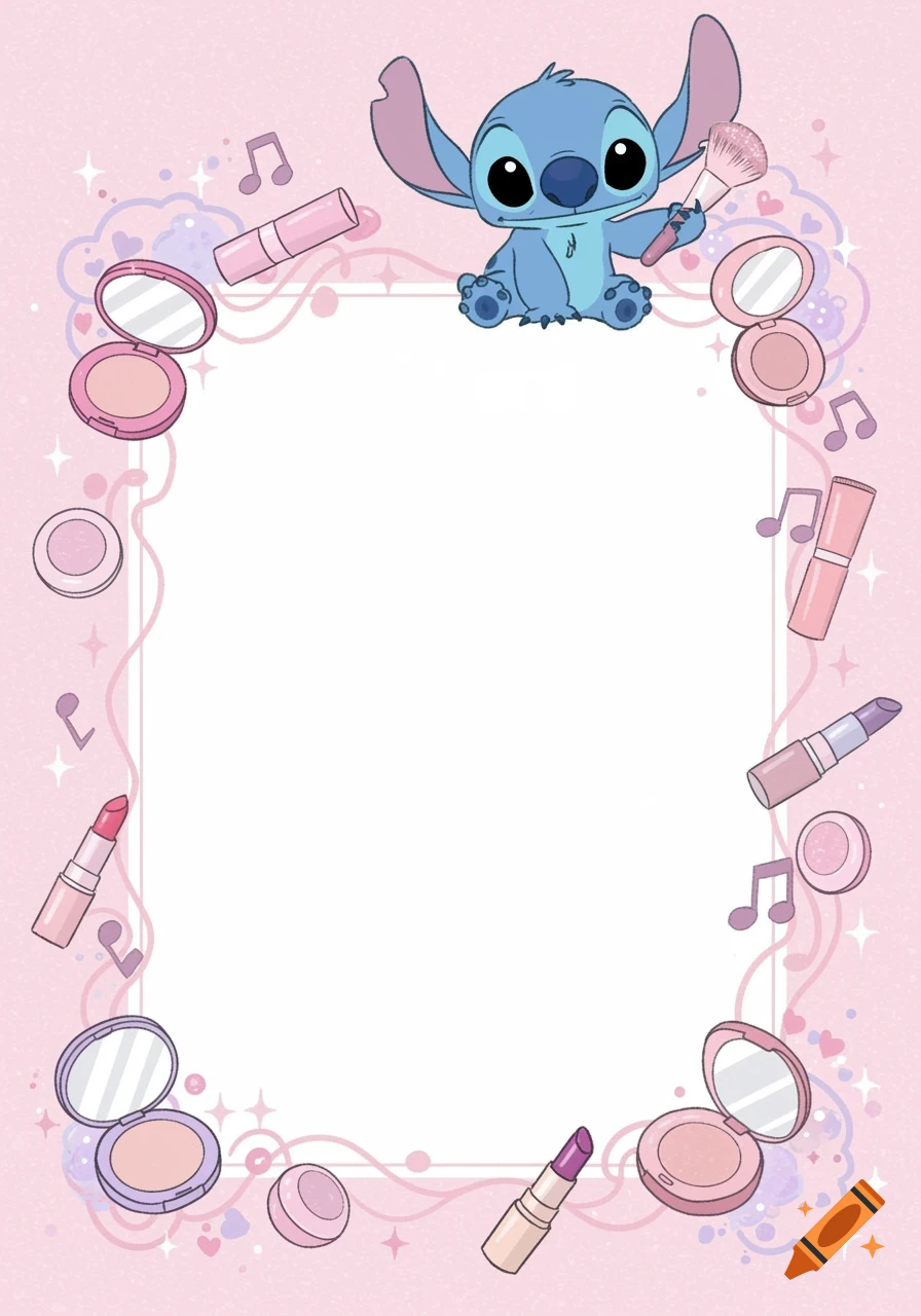 A cute blue cartoon character resembling Stitch holds a makeup brush at the top of a pink and purple frame adorned with makeup items and music notes.