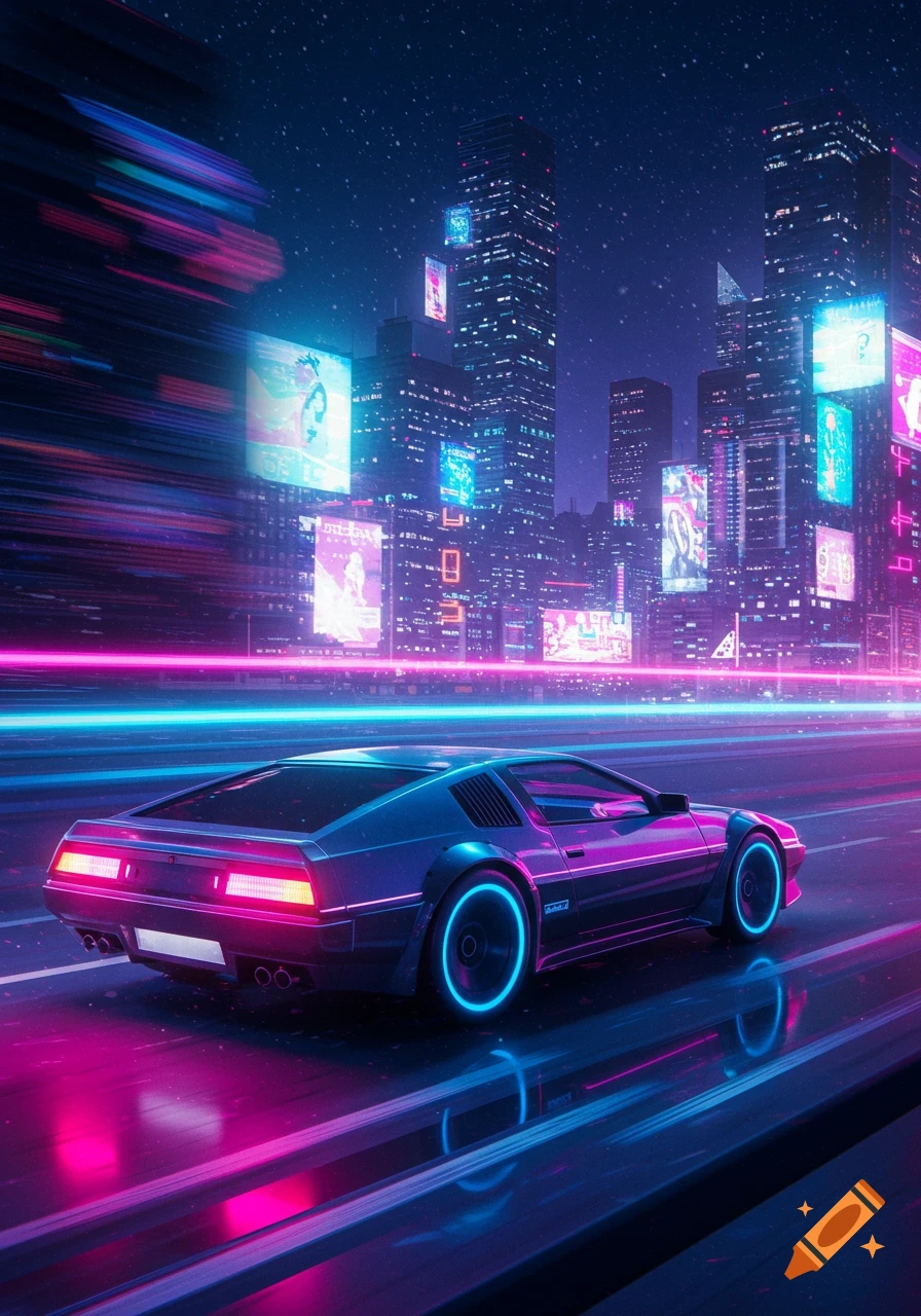 A futuristic car speeds down a neon-lit road in a dark, cyberpunk city filled with towering buildings.