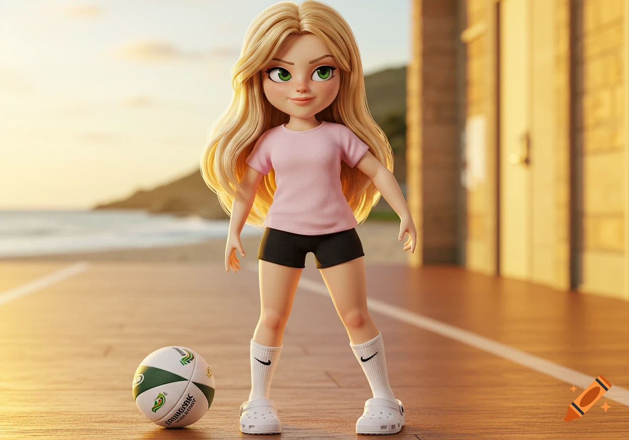 A stylized 3D rendered action figure of a blonde girl in a pink shirt and black shorts stands with a soccer ball on a wooden boardwalk at the beach during sunset.