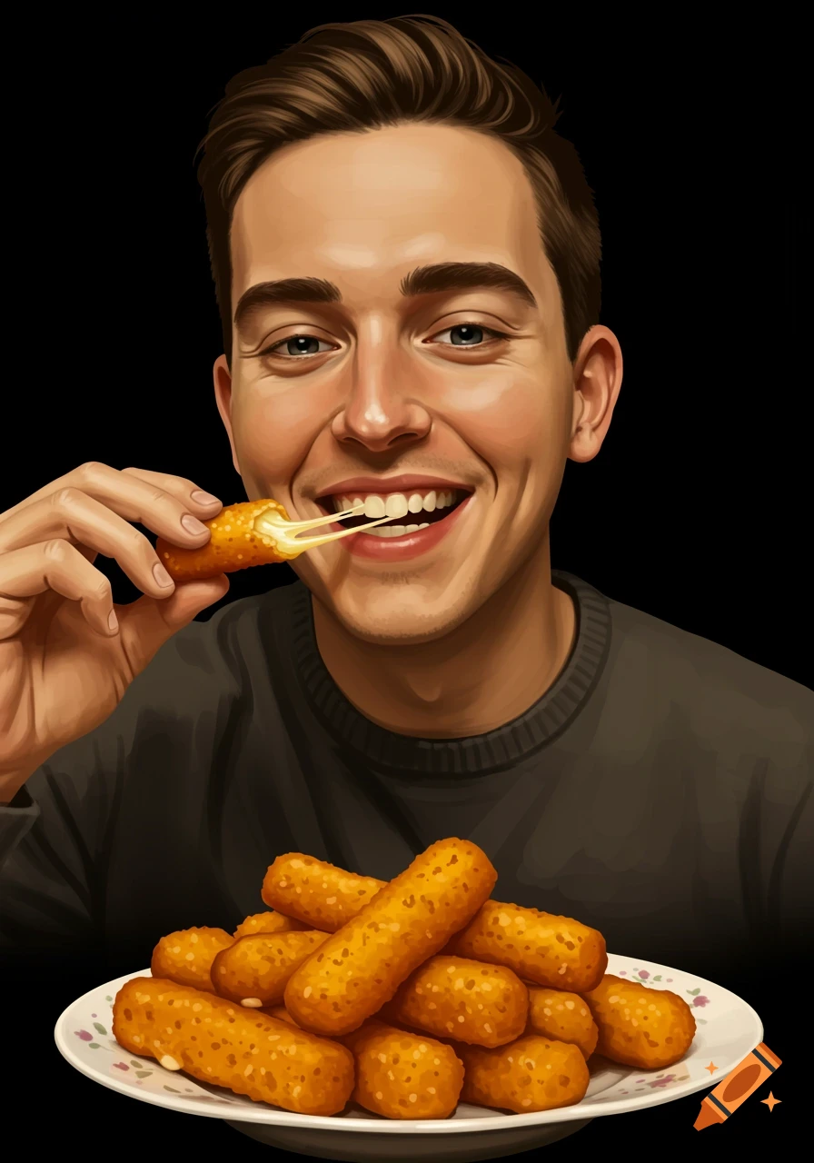 A smiling man in a dark shirt eats a cheesy mozzarella stick, pulling a string of cheese. A plate of cheese sticks sits below him, against a black background, in an illustrated style.