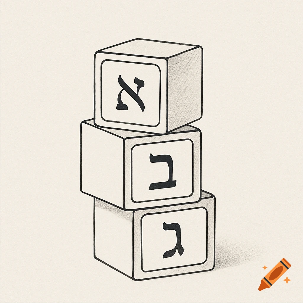 Line drawing of three stacked blocks with Hebrew letters Aleph, Bet, and Gimel.