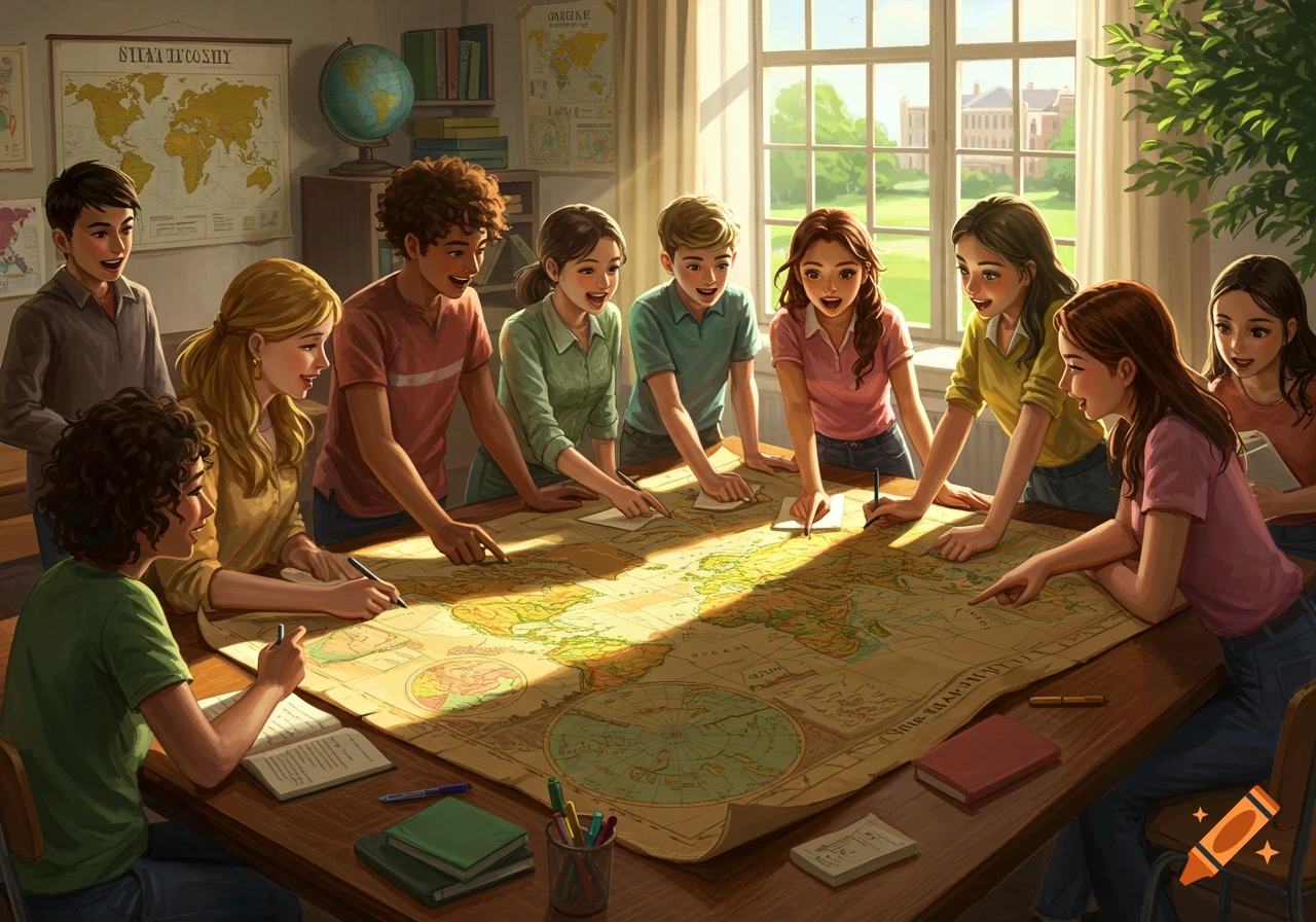 A diverse group of students eagerly study a large world map laid out on a table in a sunlit classroom, with other maps on the wall.