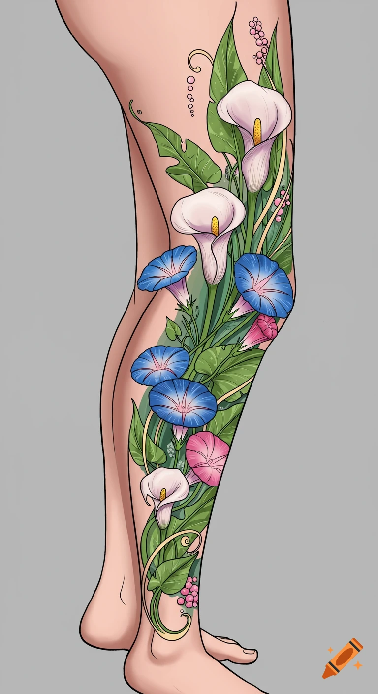 A colorful illustrative tattoo on a leg, featuring white calla lilies, blue and pink morning glories, and green foliage.