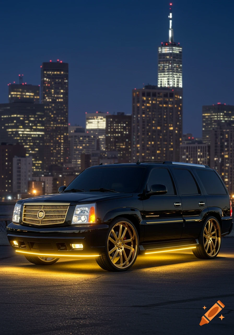 A black Cadillac Escalade with gold rims and glowing undercarriage lights parked on a street at night, with a city skyline in the background.