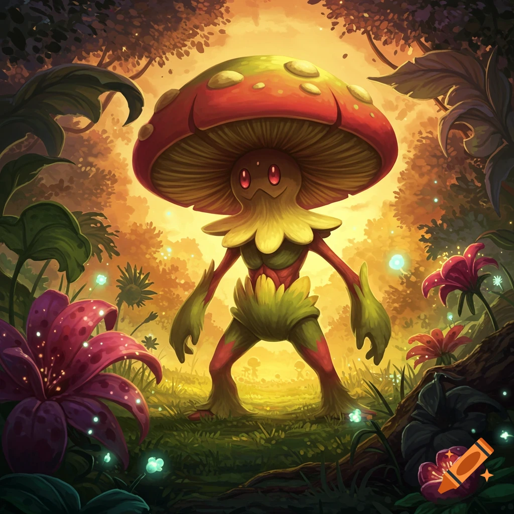 A mushroom-like creature with a red cap, yellow face, and green body stands in a vibrant, glowing forest.