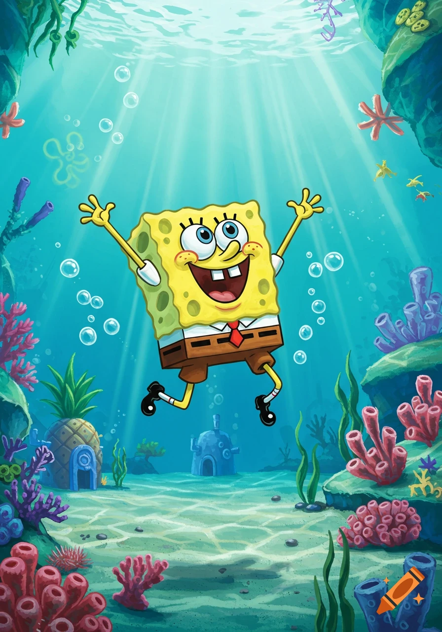 Spongebob Squarepants happily jumps underwater amidst coral, seaweed, bubbles, and his pineapple house.