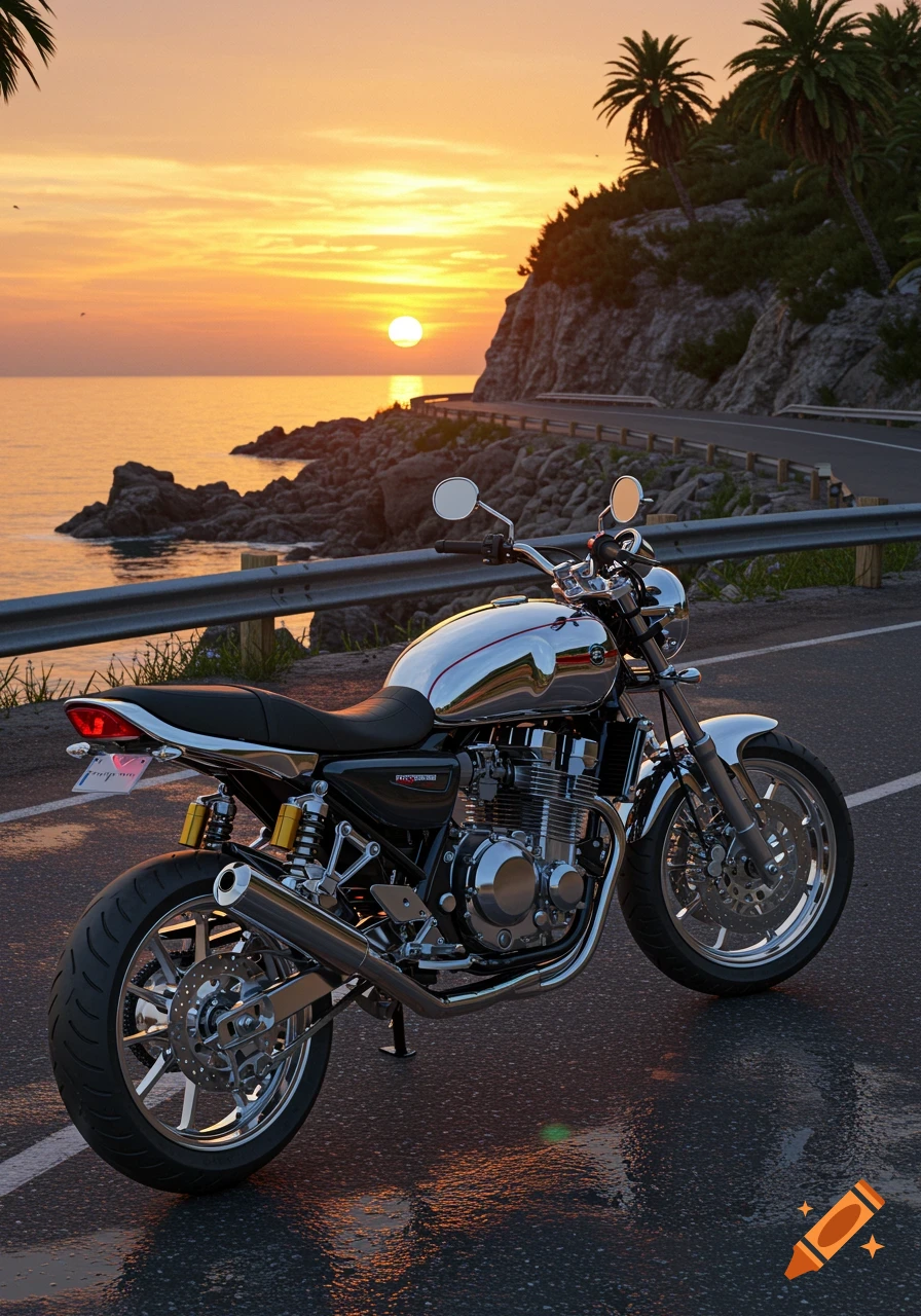 A gleaming chrome motorcycle parked on a winding coastal road at sunset, with the sun setting over the ocean and palm trees on a cliffside.
