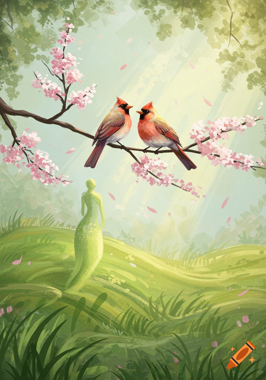 Two colorful birds perch on a cherry blossom branch above an abstract, hand-painted green grassy field with subtle human-like forms and sunlight filtering through the trees.