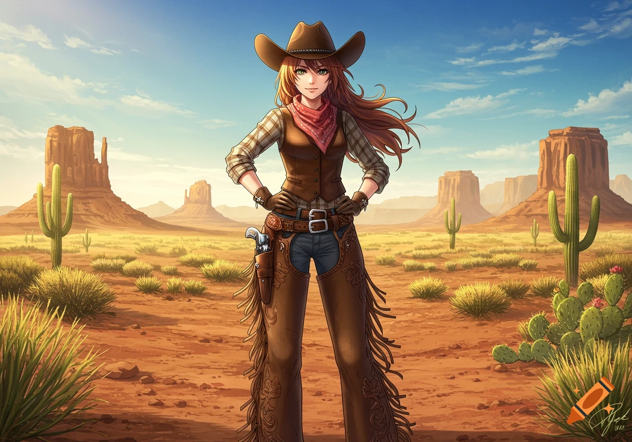 Anime cowgirl in a brown vest, hat, and chaps stands in a desert landscape with mesas and cacti under a clear blue sky.