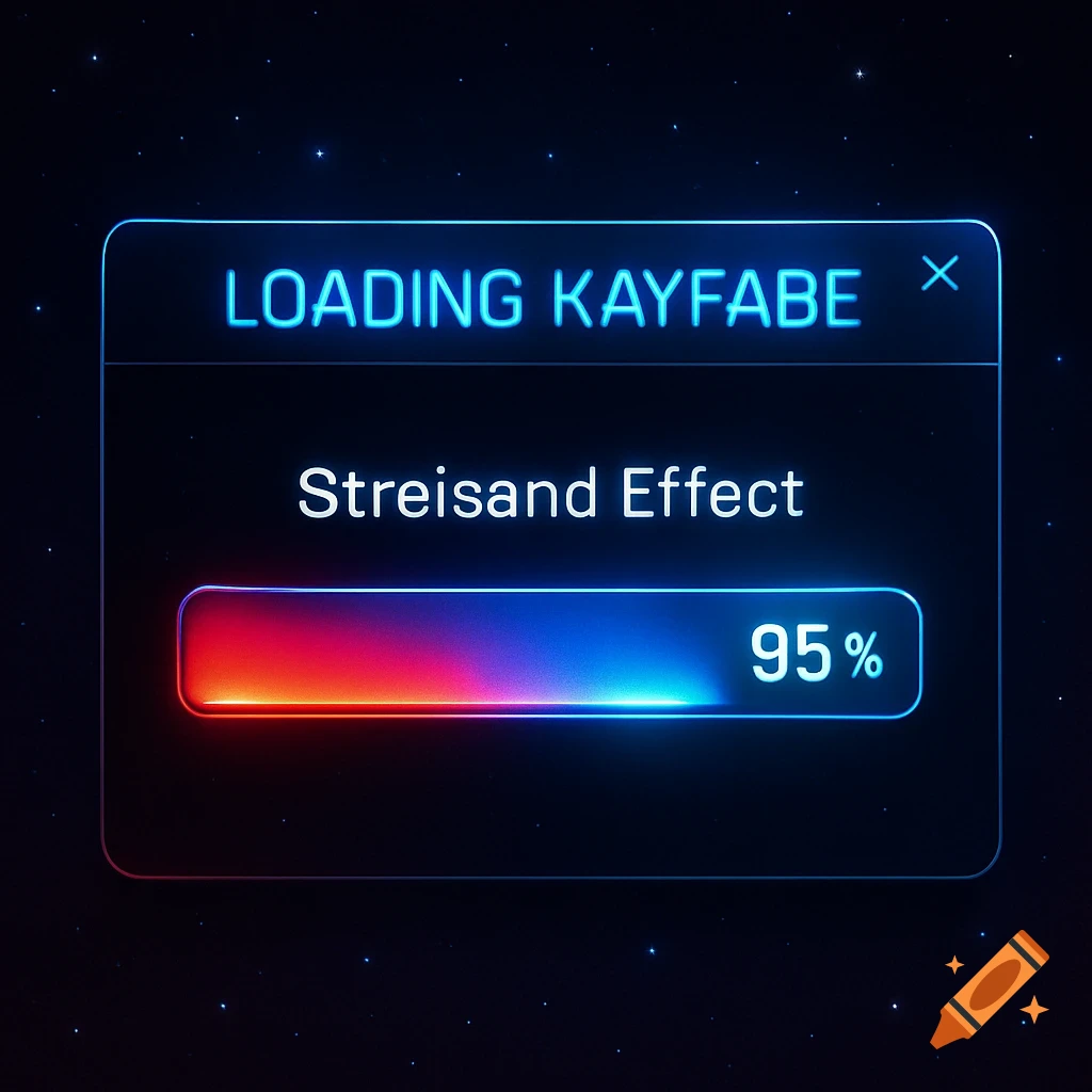 A neon-blue digital loading window with a progress bar at 95% reads 'LOADING KAYFABE' and 'Streisand Effect' against a starry background.