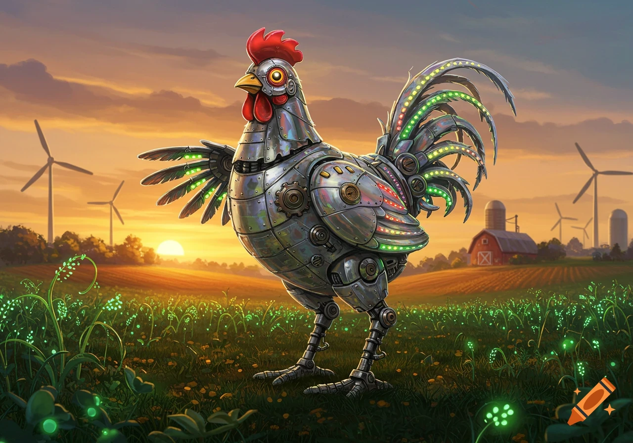 A metallic robot chicken with glowing accents stands in a green farm field with windmills and a red barn at sunset.