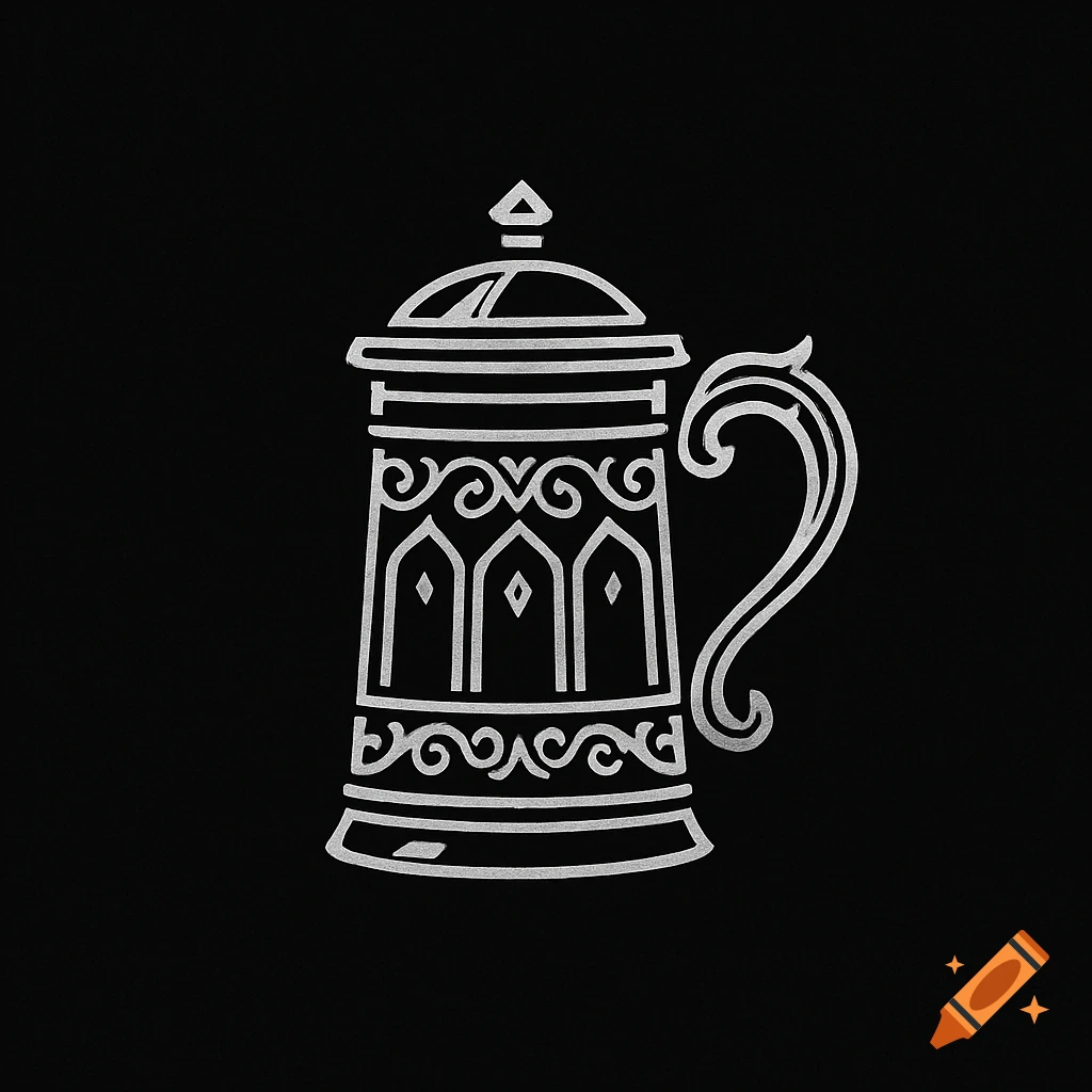 A minimalistic white outline logo of a fantasy-style beer mug with decorative patterns on a black background.
