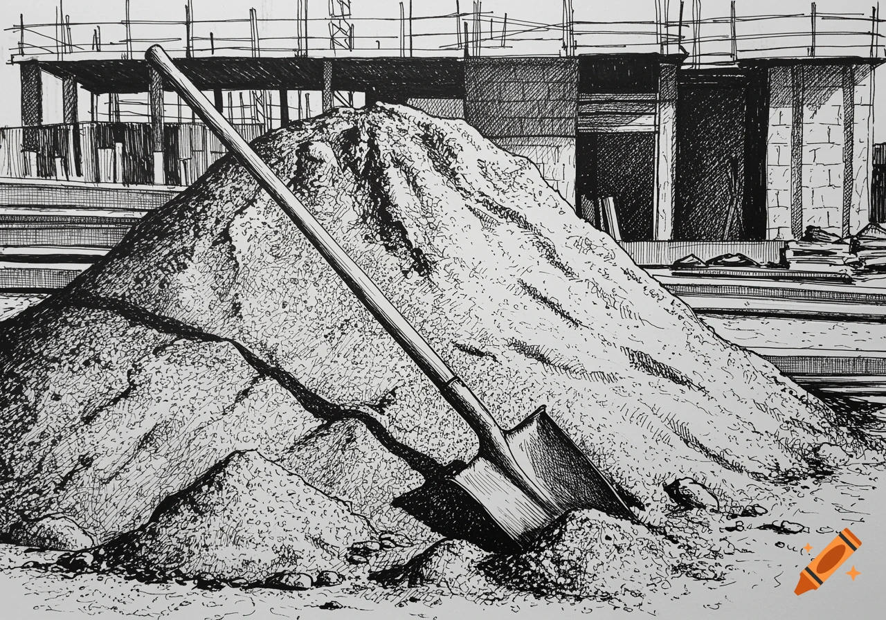 A black and white pen and ink drawing of a large pile of sand and cement with a shovel leaning on it at a construction site.