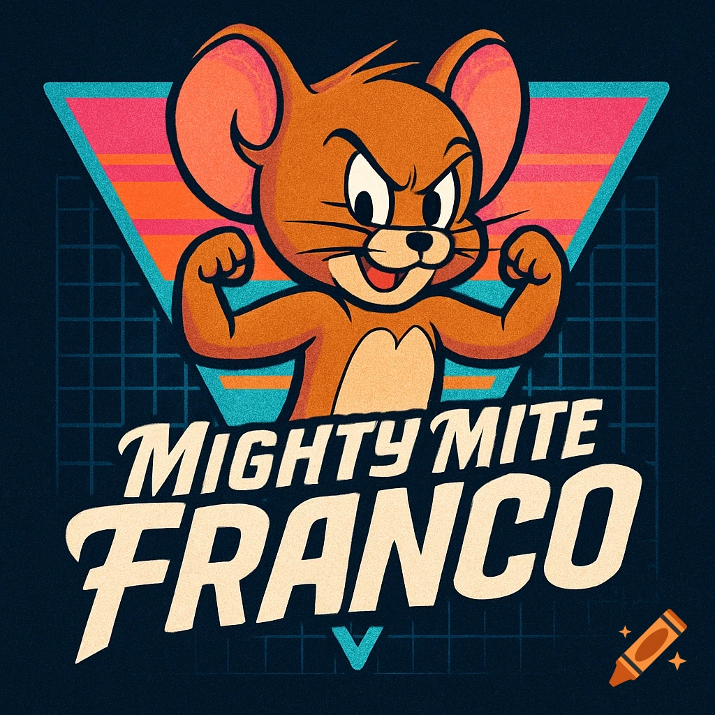 Jerry the mouse flexing his muscles, in a retro 80s style with a triangular background and grid, above the text "Mighty Mite Franco" in white font.