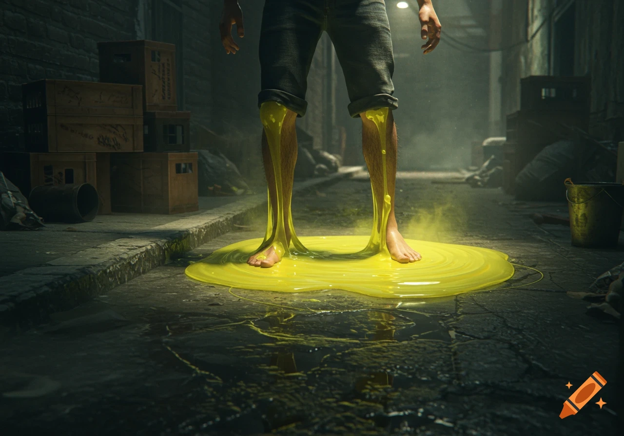 A photorealistic image of a barefoot man's lower legs and feet emerging from a bright yellow pool of glowing slime in a dark alley.