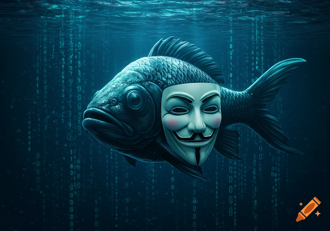A dark blue underwater image of a fish wearing a Guy Fawkes mask, with streams of binary code descending in the background.