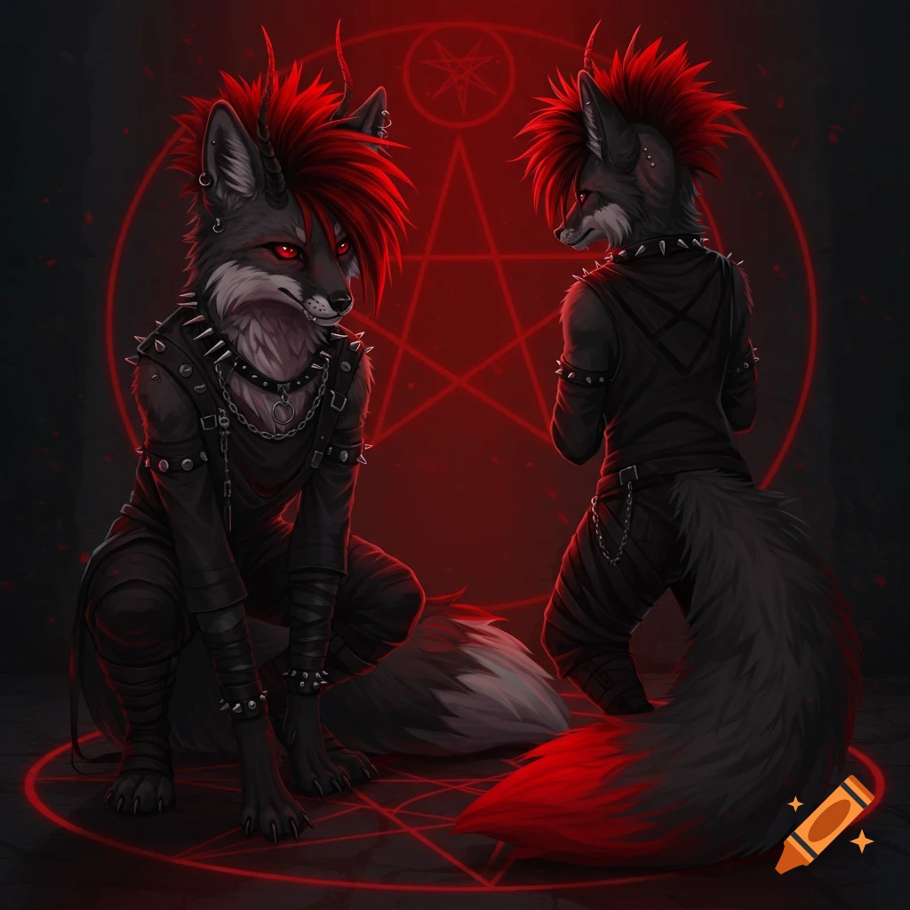 Two dark grey and white anthropomorphic foxes with red mohawks, bright red eyes, horns, and black gothic clothing with piercings and chains. They are in front of a glowing red pentagram.