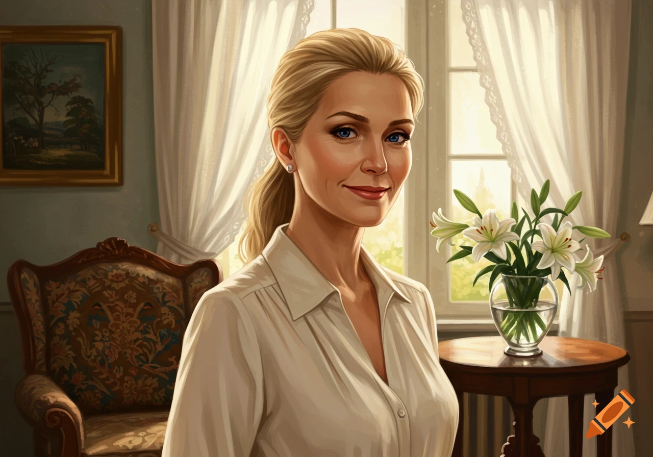A blonde woman with blue eyes and a ponytail smiles in a collared blouse, standing in a bright room with white curtains, lilies, and an ornate chair.