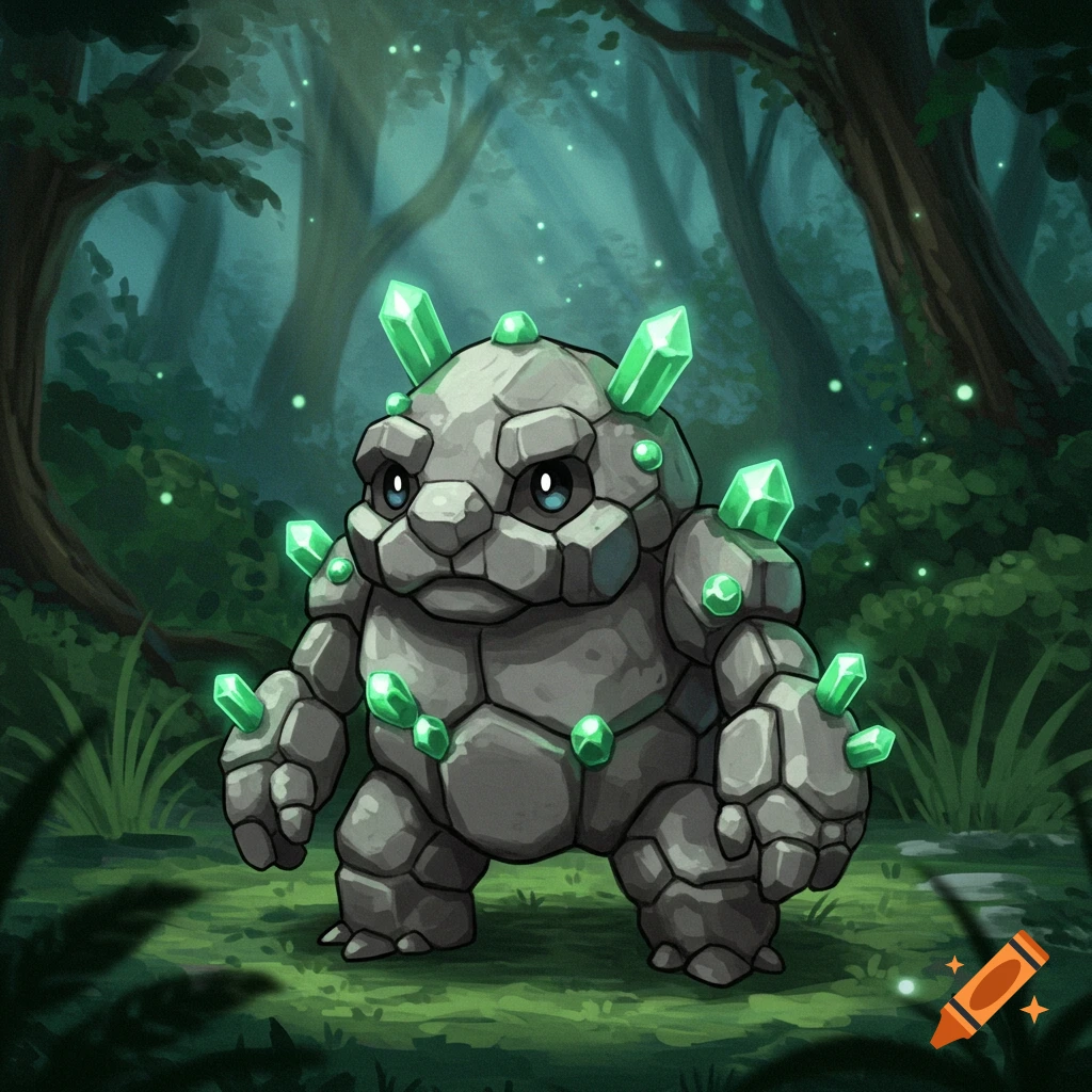 A cartoonish rock creature with glowing green crystals embedded in its body stands in a dark forest.
