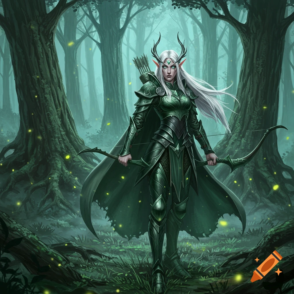 A white-haired female elf soldier in green armor stands with a bow in a dark, glowing forest.