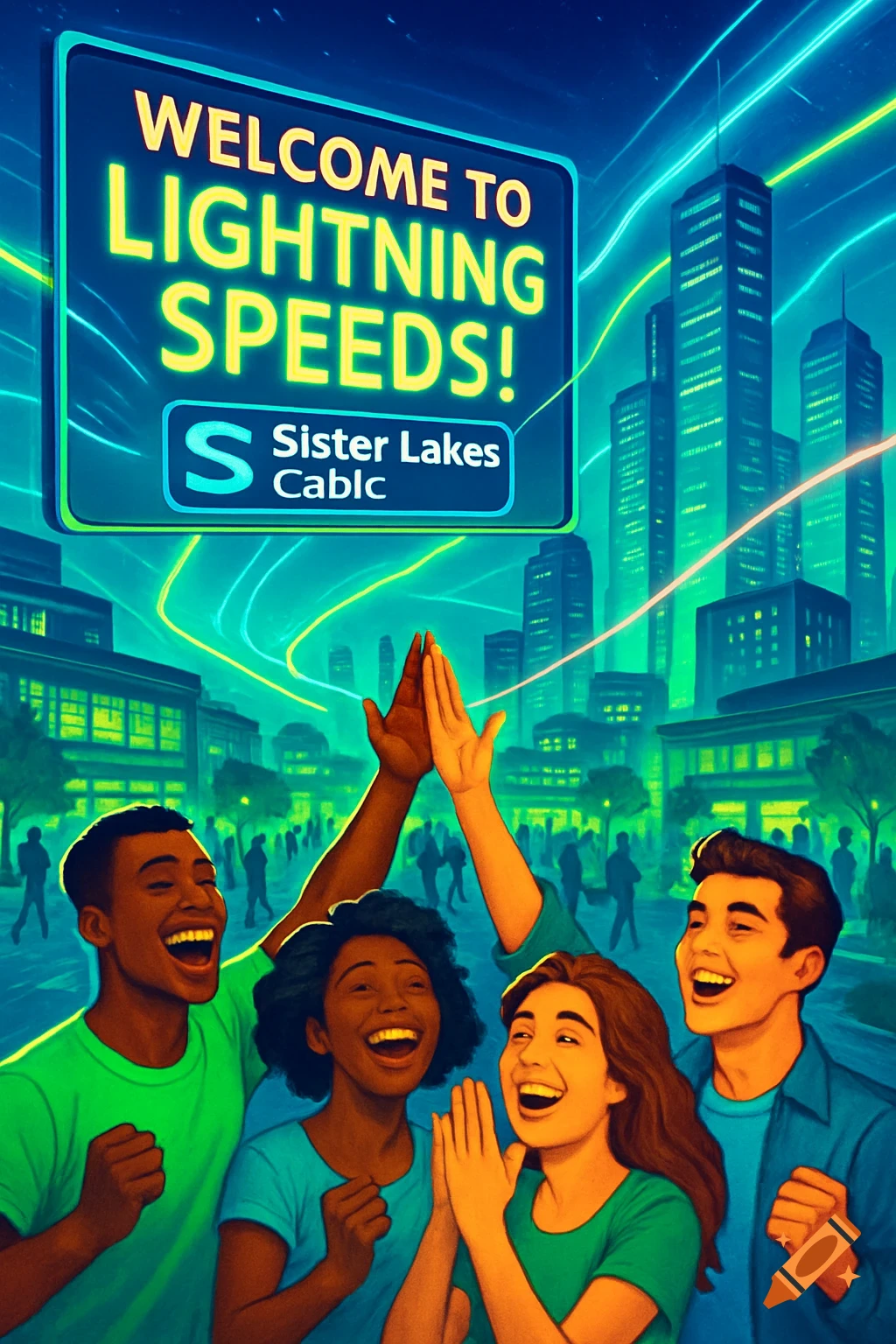 Four diverse young adults cheer and high-five in a vibrant, futuristic city with a large neon sign reading "WELCOME TO LIGHTNING SPEEDS! Sister Lakes Cablc" overhead. Neon light trails crisscross the sky.