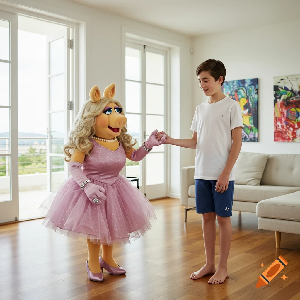 A person in a Miss Piggy costume in a pink sparkly dress holds hands with a barefoot teenage boy in a white t-shirt and blue shorts inside a bright room.