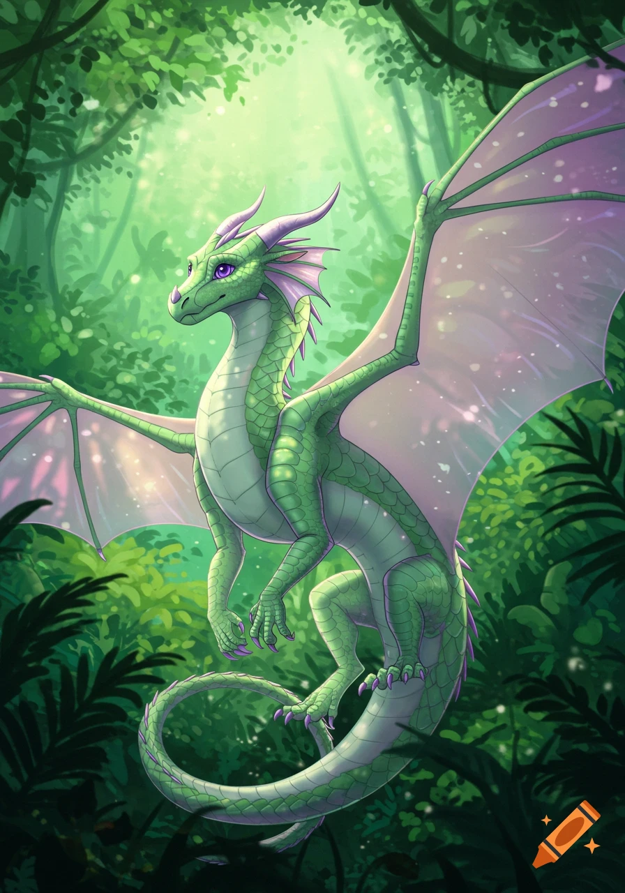 A vibrant green dragon with purple accents and eyes stands in a mystical forest, light filtering through the canopy.