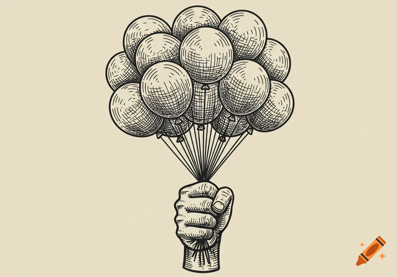 A black and white vintage woodcut illustration of a clenched fist holding many balloons.