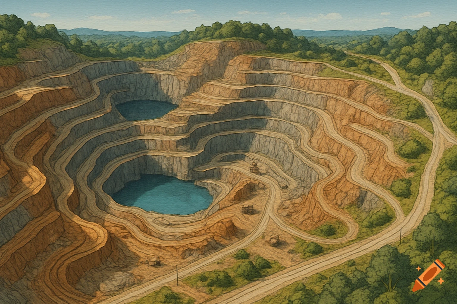 Aerial view of a terraced open-pit quarry with two blue water pools, winding roads, and green forested hills in a painterly style.