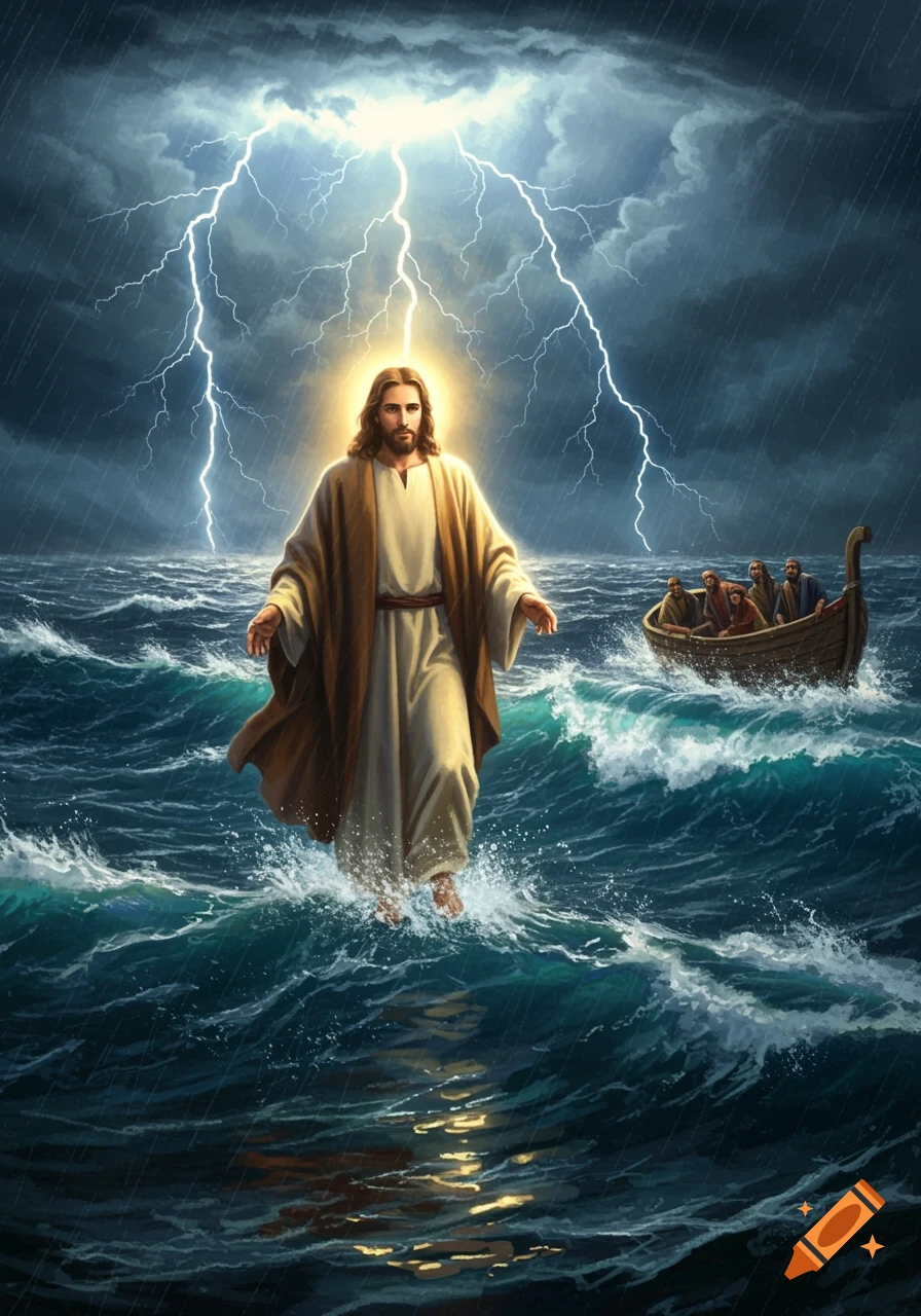 Jesus with a halo walks on stormy water as lightning strikes, with disciples in a boat in the background, in an illustrative style.