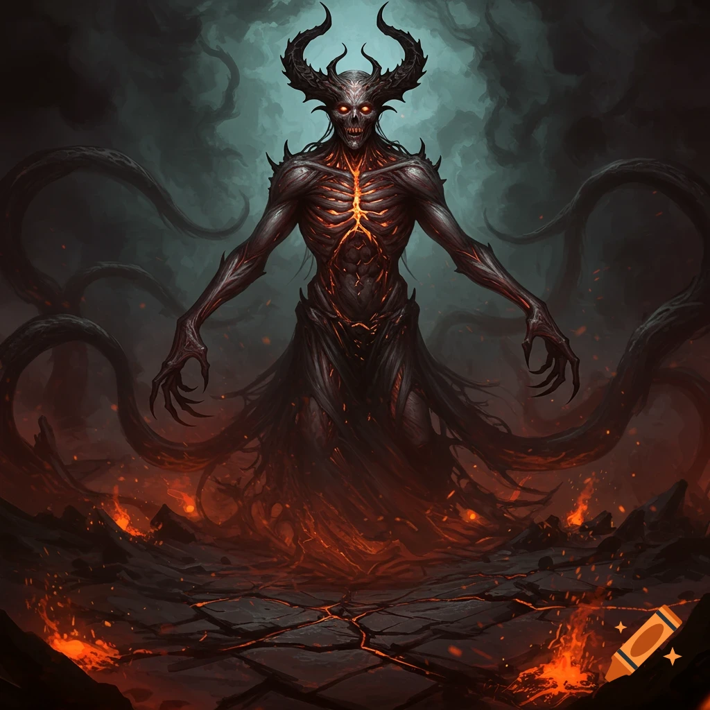 A dark, horned demon with glowing red eyes and a fiery ribcage stands over a cracked, lava-filled landscape, with ominous tendrils in the smoky background.