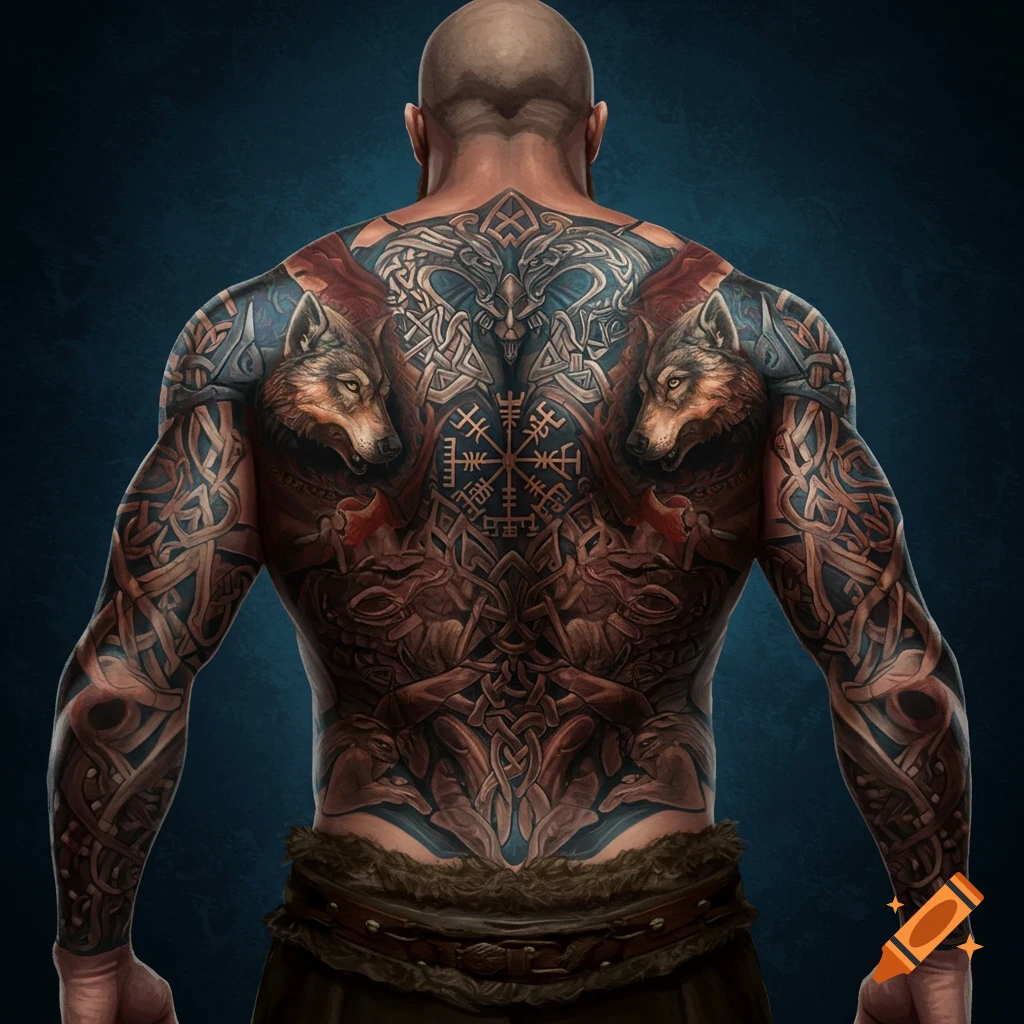A muscular man's back covered in intricate Viking-style tattoos featuring wolves, knotwork, and ancient symbols.