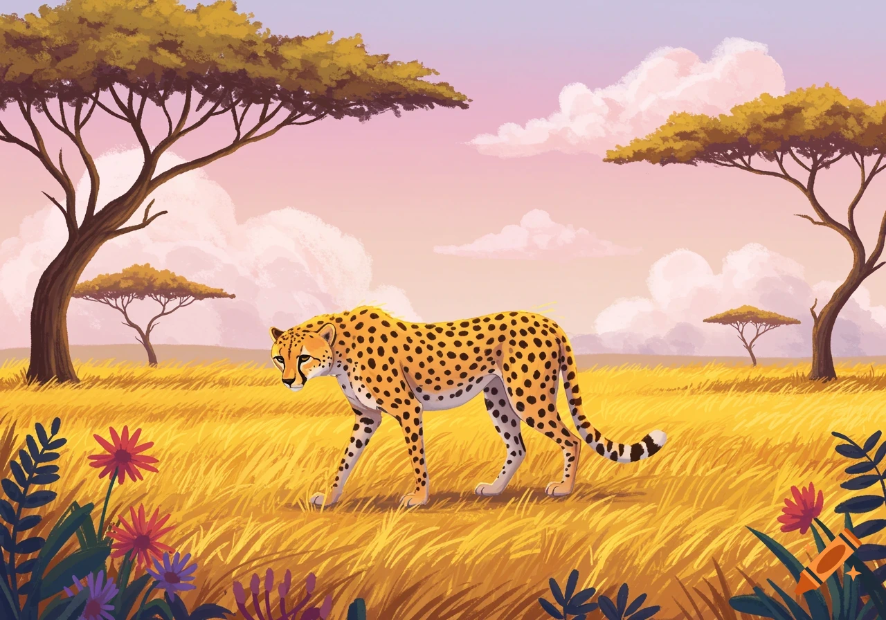 An illustrated cheetah walks through a golden savanna at sunset with acacia trees and pink sky.