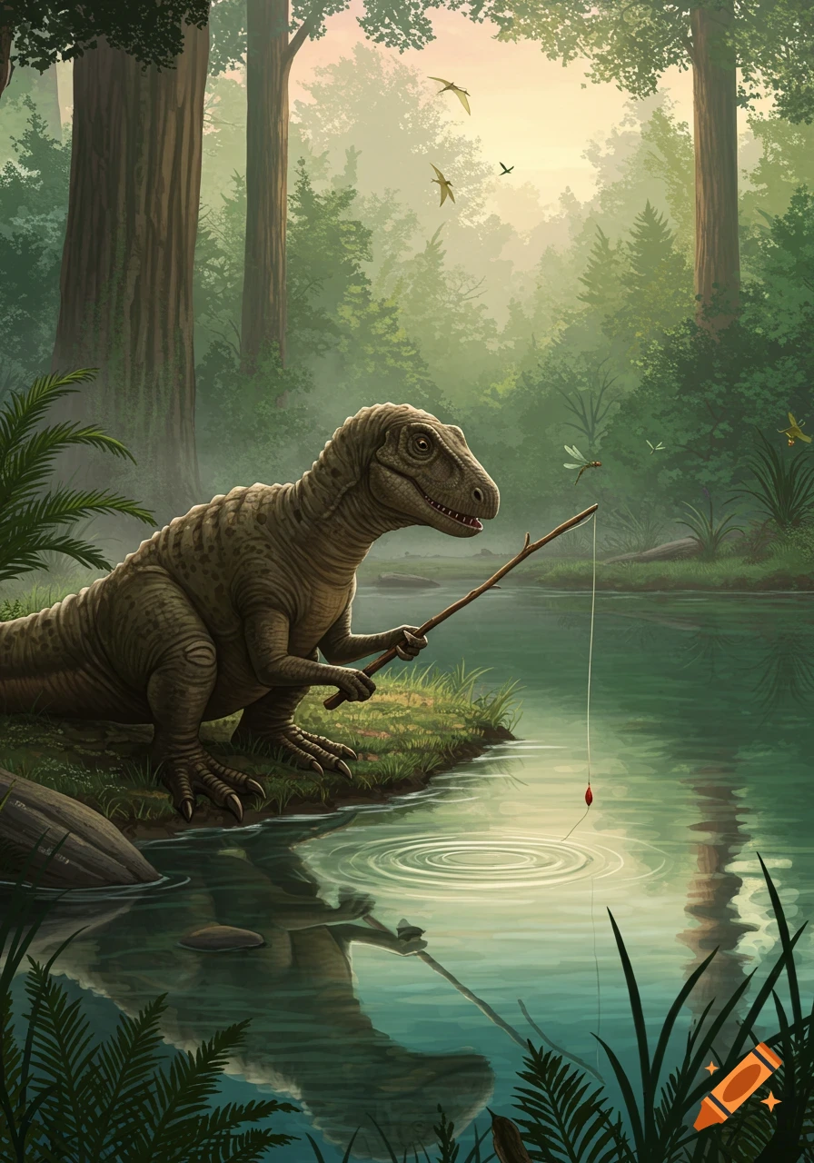 A dinosaur fishing with a stick rod by a tranquil river in a misty green prehistoric forest, with birds flying above.