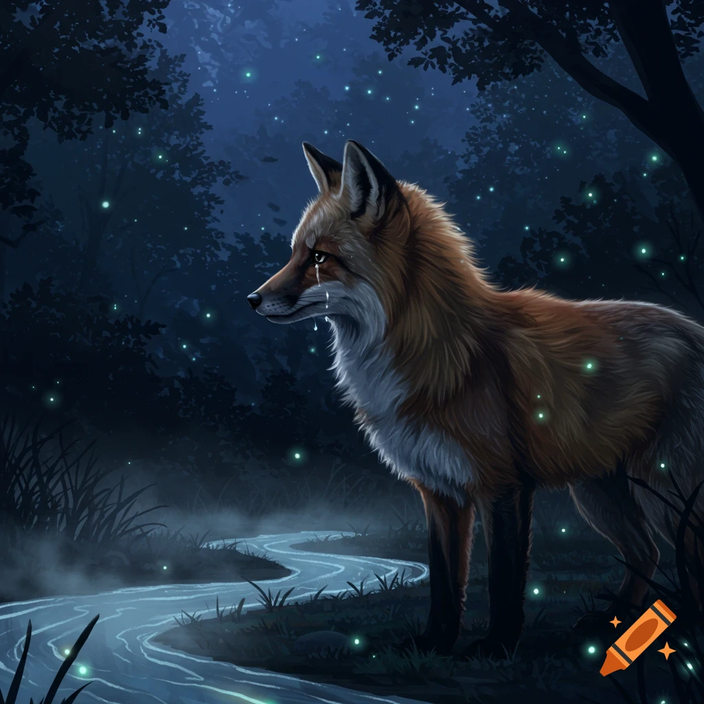 A sad red fox stands beside a glowing blue stream in a dark forest, with green glowing lights floating around.