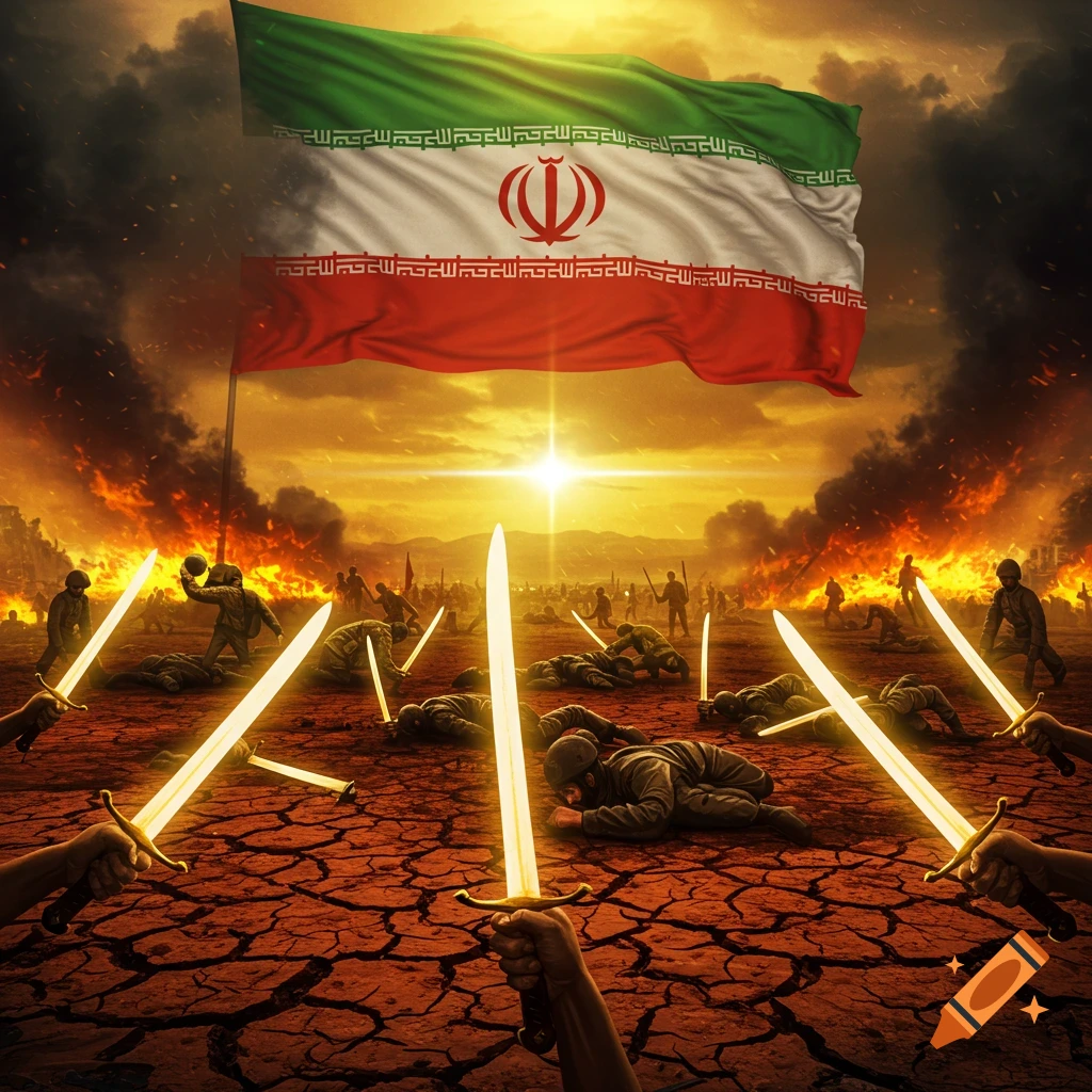 An Iranian flag waves proudly over a scorched battlefield at sunset, with glowing swords held by hands rising from cracked earth, and defeated enemy soldiers falling amidst fire and smoke.